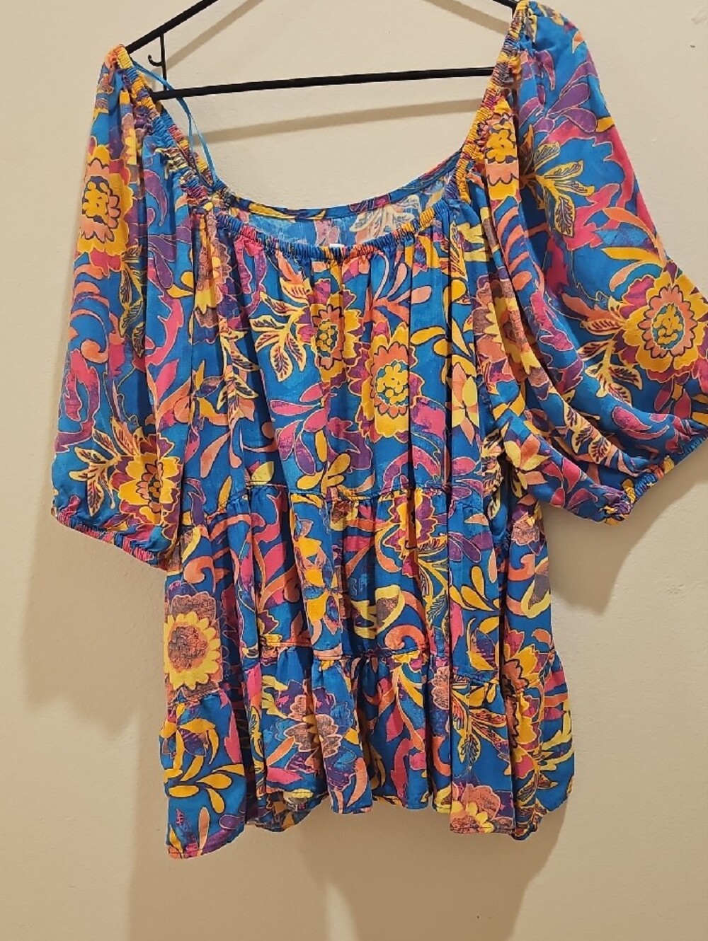 Terra & Sky Blue Floral Peasant Blouse with Yellow Accents - Picture 3 of 4